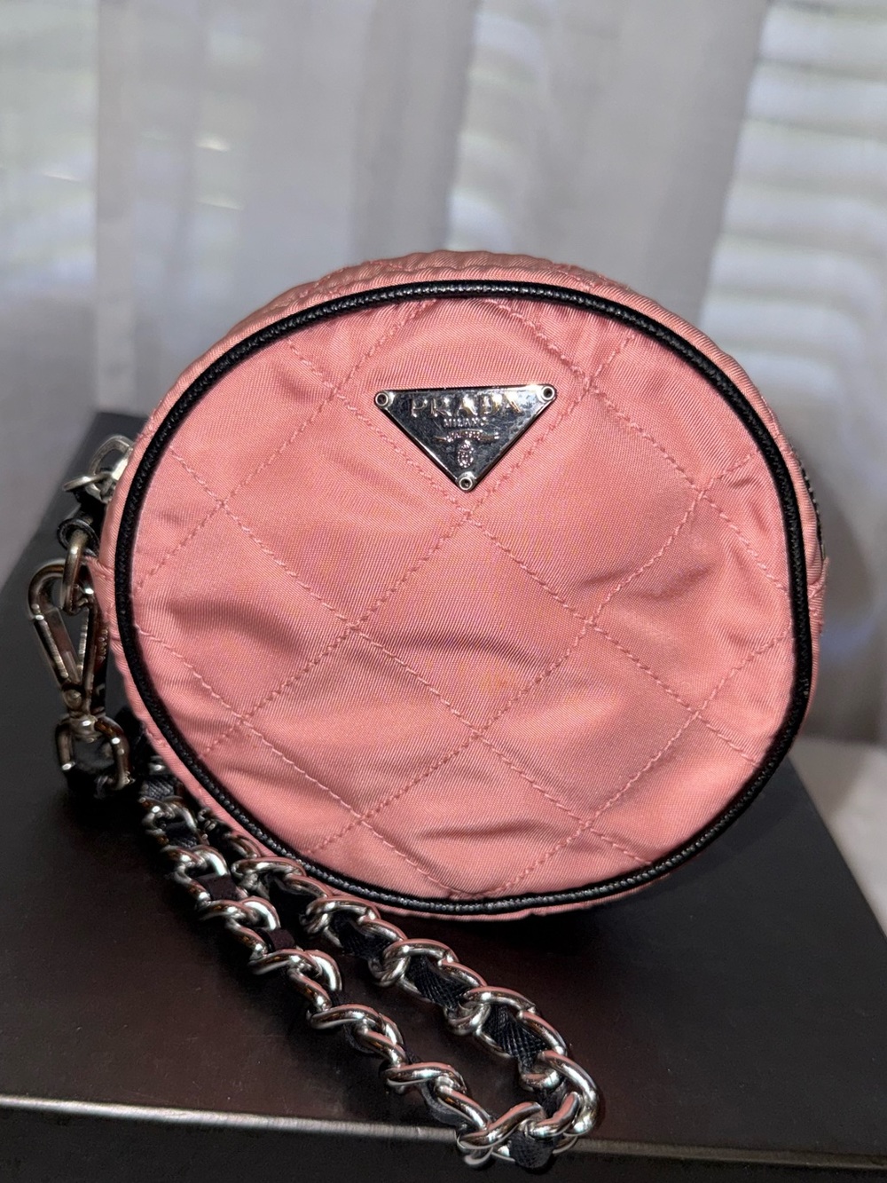 Prada Quilted Round Mini Wristlet Clutch in Dusty Pink